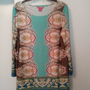Sunny Leigh Aqua Boho Print Long Sleeve Tunic Top XL